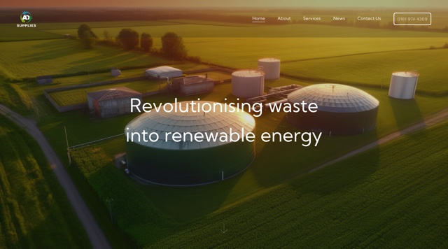 AD Supplies website homepage, showing a renewable energy facility and the headline Revolutionising waste into renewable energy